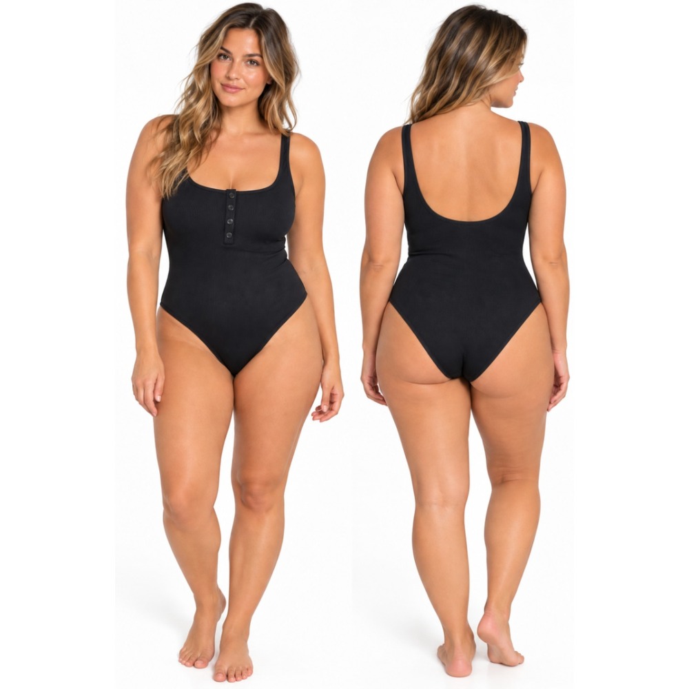 L*Space One Piece Swimsuit 10 Black Ribbed Henley High Cut Summer Beachwear